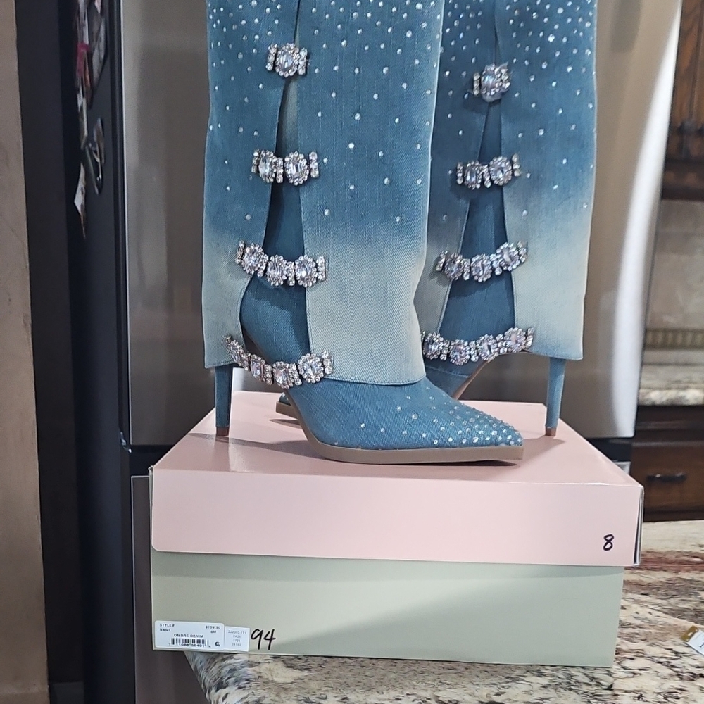 Thalia Sodi  Light Blue Embellished Denim Boots